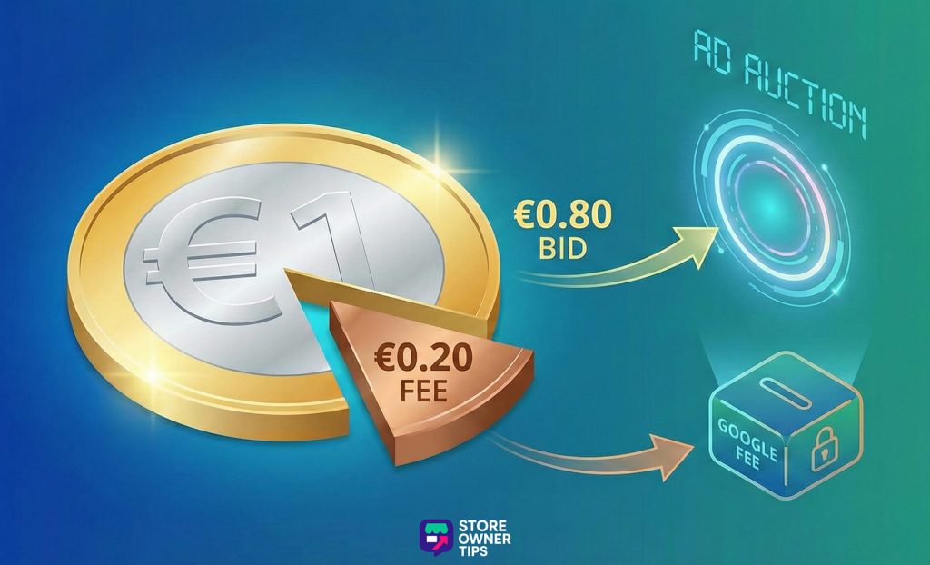 comparison-shopping-engine-margin-advantage - Store Owner Tips A graphic showing a twenty percent fee being deducted from a one Euro advertising bid.