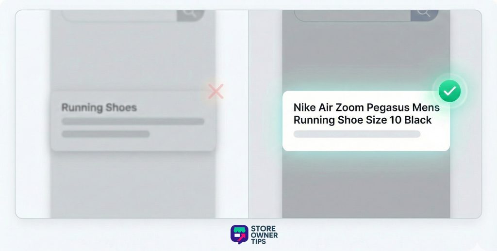 comparison-shopping-engines-product-titles - Store Owner Tips A visual comparison between a poorly optimized product title and a highly detailed product title.