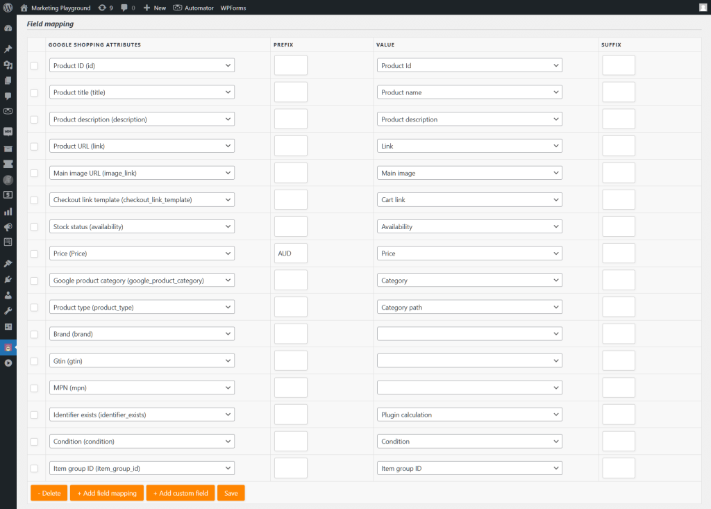 WordPress plugin dashboard showing how to map Google Shopping attributes to local store product values.