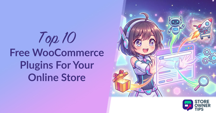 Hero image for an article: 'Top 10 Free WooCommerce Plugins For Your Online Store' with a purple gradient left and a futuristic anime girl on the right.