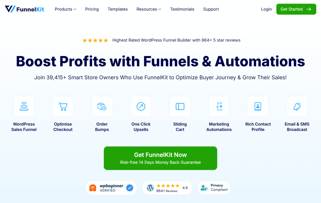 FunnelKit website hero showcasing a bold headline 'Boost Profits with Funnels & Automations', feature icons, and a prominent green 'Get FunnelKit Now' button.