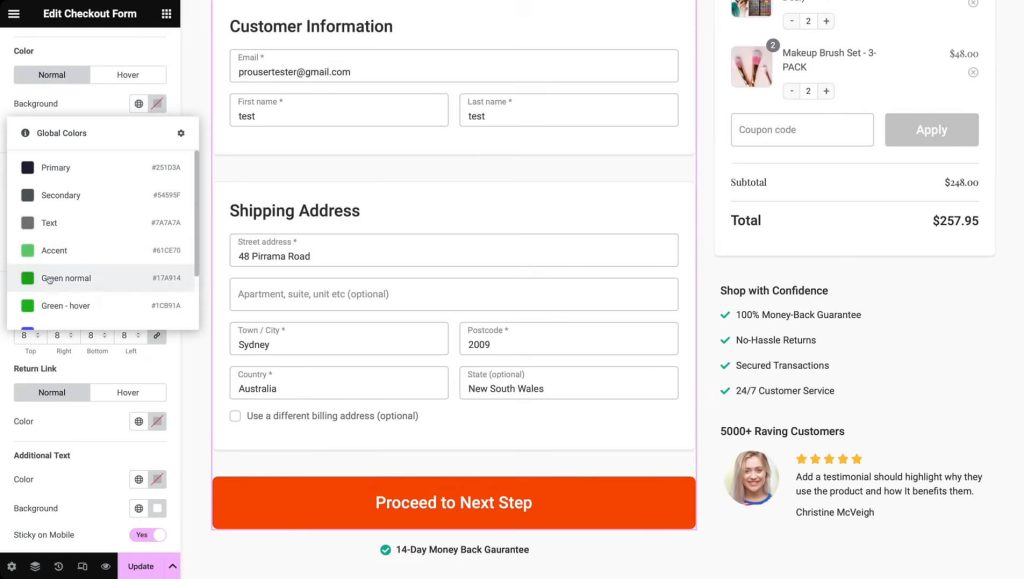 Website checkout page showing customer and shipping address fields, order summary on right, and a large orange 'Proceed to Next Step' button.