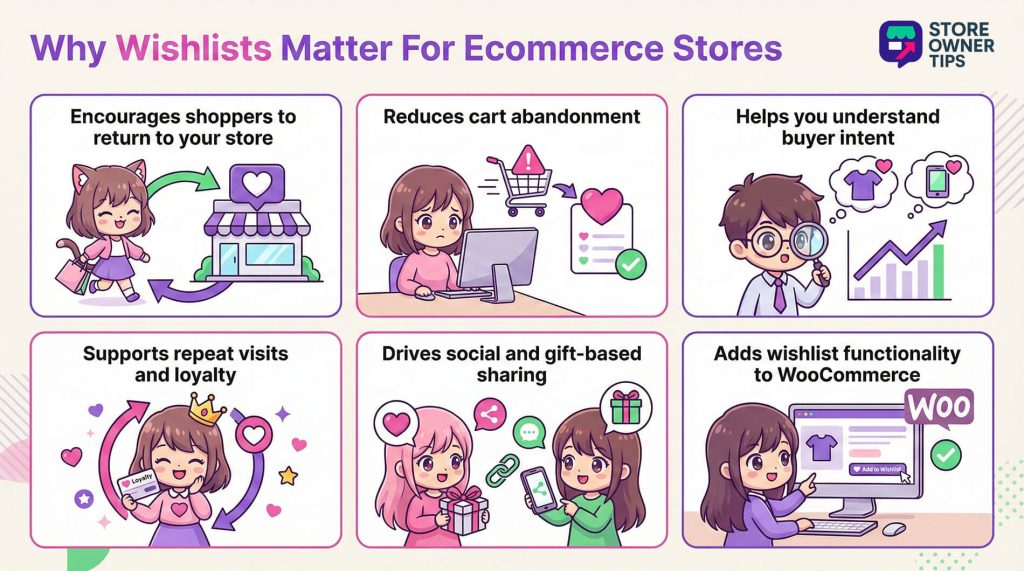 glossary-product-wishlist-benefits - Store Owner Tips Infographic illustrating six benefits of ecommerce wishlists: returning shoppers, reduced cart abandonment, buyer intent insights, loyalty, social sharing, and WooCommerce integration.