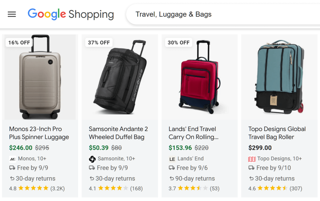 google-shopping-luggages - Store Owner Tips Google Shopping grid showing four travel suitcases and rolling bags with discount badges, brands, prices, and ratings in a clean white layout.