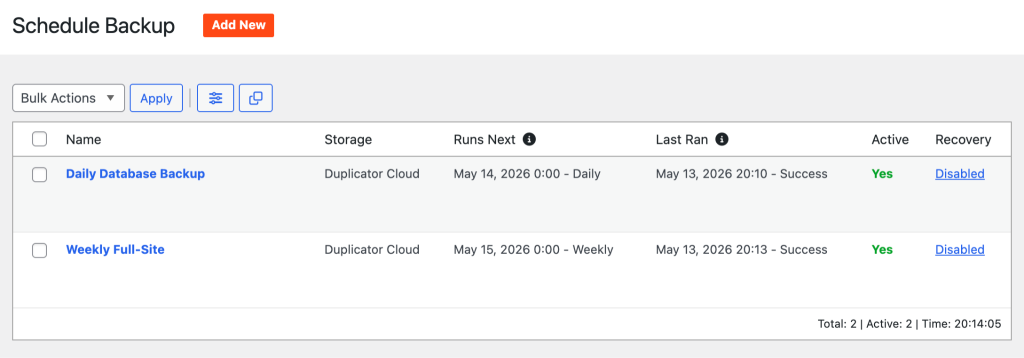 image - Store Owner Tips The Duplicator plugin's Schedule Backup dashboard showing active automated schedules for daily database and weekly full site backups.