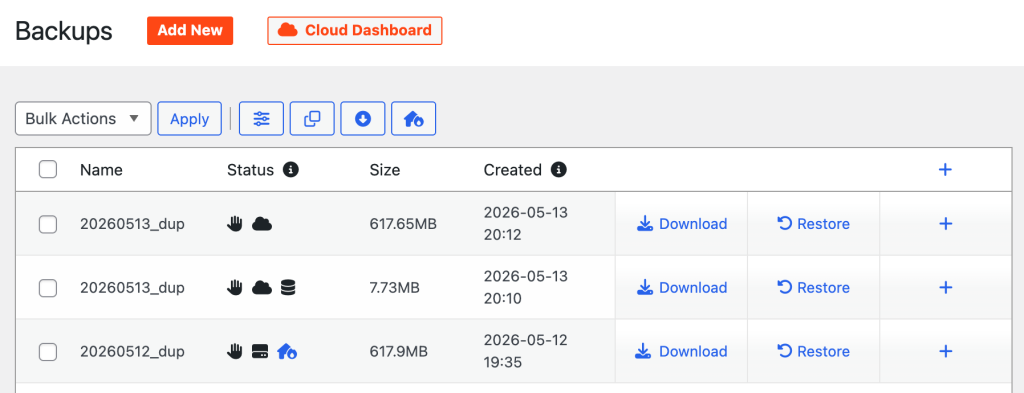 image - Store Owner Tips Backups dashboard with a list of backups: names, status icons, sizes, creation dates, and actions (Download, Restore, +).