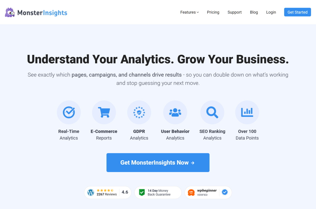 MonsterInsights landing page showing analytics features, icons, and a prominent blue 'Get MonsterInsights Now' call-to-action on pale background.