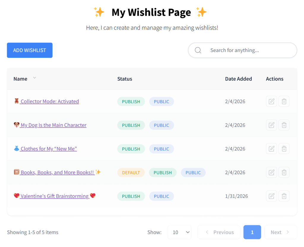 User wishlist dashboard showing five titled lists with publish/public status badges, dates, search bar, add wishlist button.
