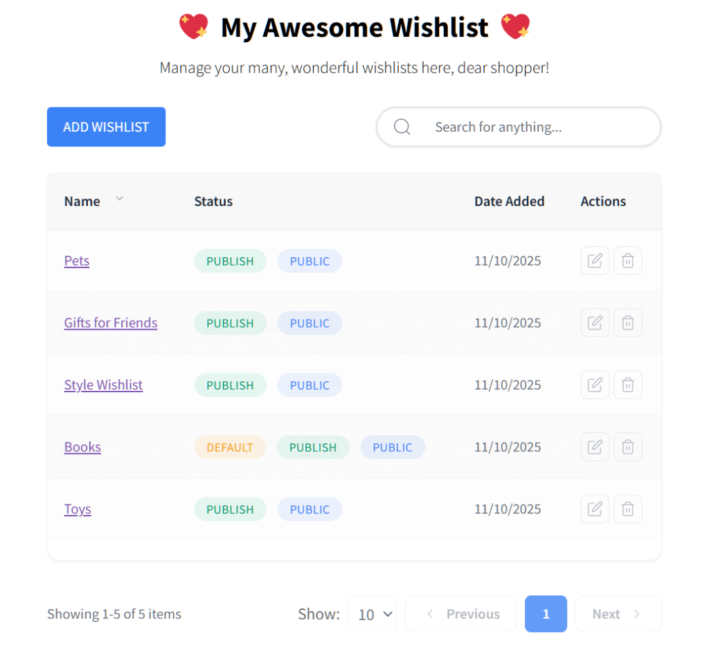 my-wishlist-page-my-awesome-wishlist - Store Owner Tips A user account dashboard displaying multiple saved product wishlists, such as Pets and Books, with options to edit or make them public.