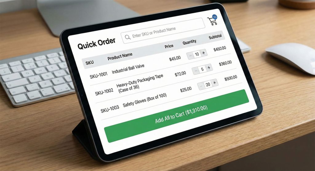online-wholesale-quick-order-interface - Store Owner Tips A B2B ecommerce quick order form interface with SKUs and quantity adjustments.