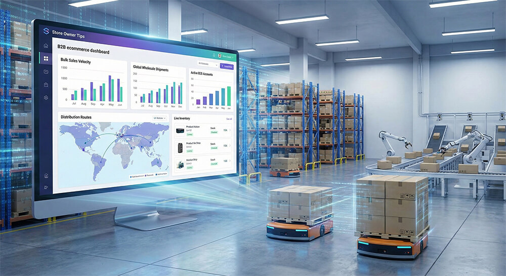 online-wholesale - Store Owner Tips A digital B2B dashboard displaying wholesale inventory and sales metrics.