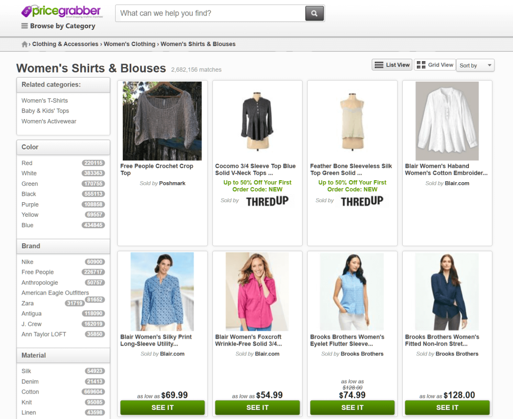 pricegrabber-womens-clothes - Store Owner Tips PriceGrabber search results page for women's shirts and blouses showing product images, prices, and sellers alongside detailed category filters.