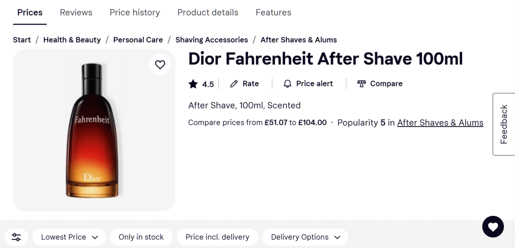 pricerunner-dior-fahrenheit-afters-shave-100ml - Store Owner Tips PriceRunner product page for Dior Fahrenheit After Shave displaying the item's rating, price range, and a price alert feature.