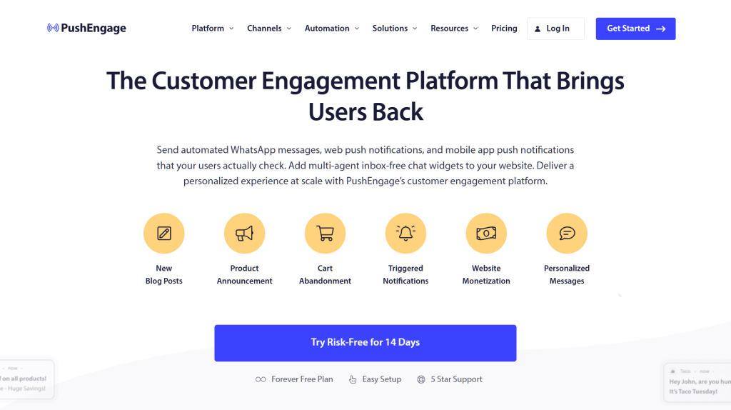 PushEngage homepage showing customer engagement platform headline, yellow feature icons, and a prominent blue 'Try Risk-Free for 14 Days' call-to-action.
