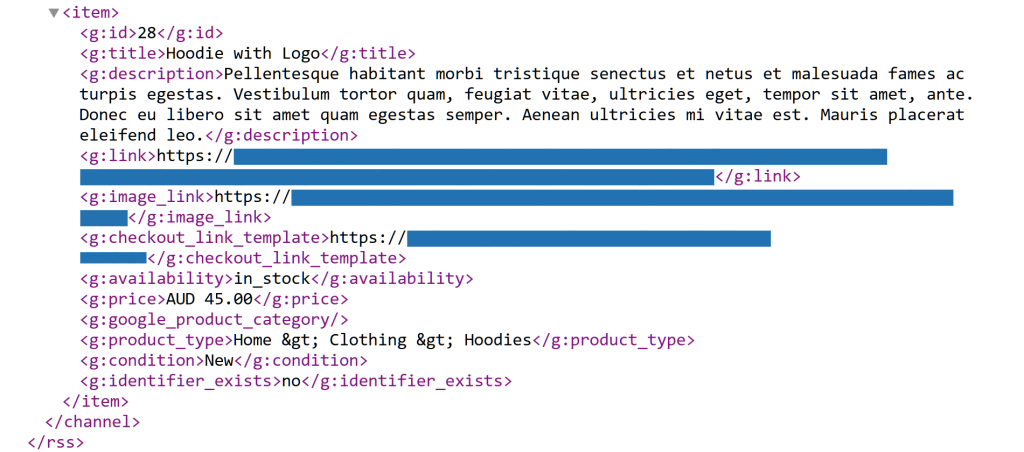 XML product feed code snippet showing standard data tags like title, description, and price for an apparel item.