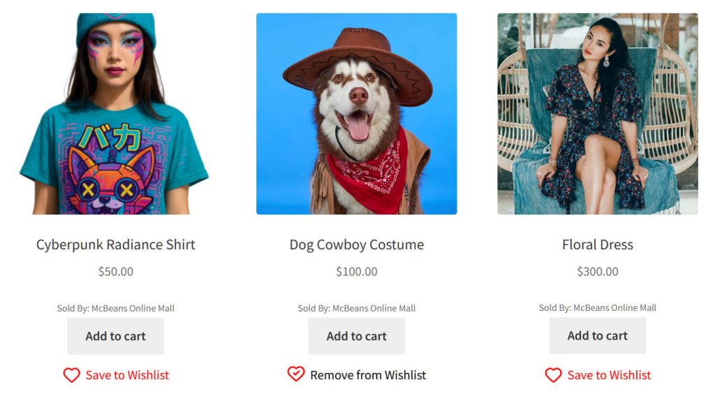 save-to-wishlist-button-cyberpunk-dog-cowboy-floral-dress - Store Owner Tips Ecommerce category grid showing three products with Add to cart buttons and Save to Wishlist heart icons.