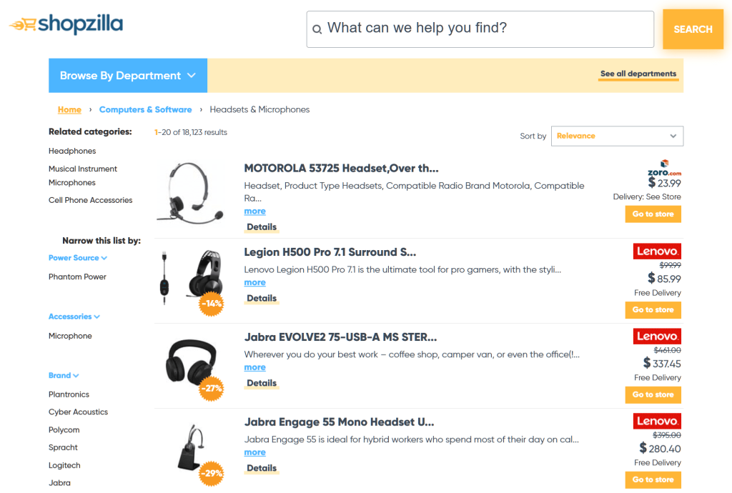 Shopzilla marketplace search results displaying headsets and microphones generated from store product data feeds.