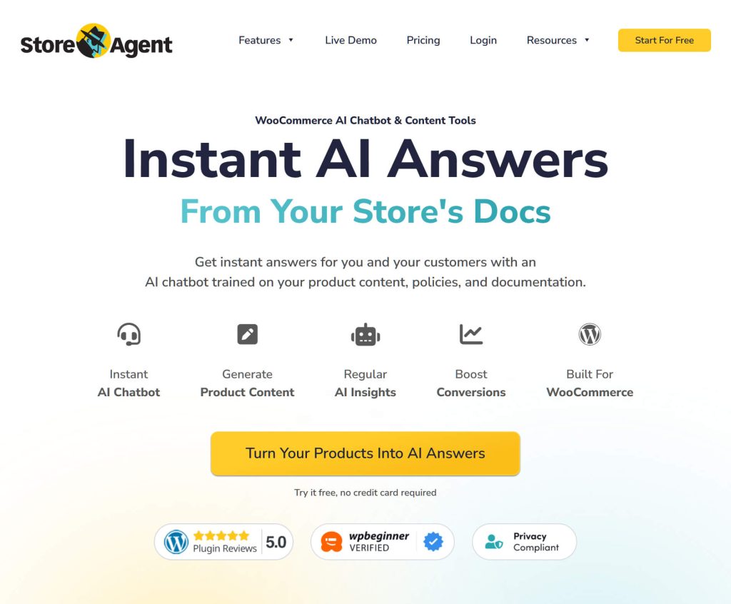 WooCommerce automation tool Store Agent's website landing page promoting instant AI chatbot answers from store documentation, with bold headline, icons, and yellow call-to-action button.