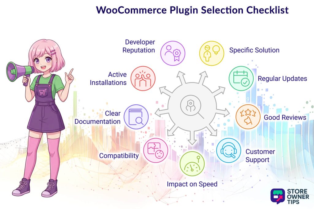 Animated pink-haired character with a megaphone presenting a colorful checklist for selecting top WooCommerce plugins displayed as icons around a central gear, vibrant pastel background.