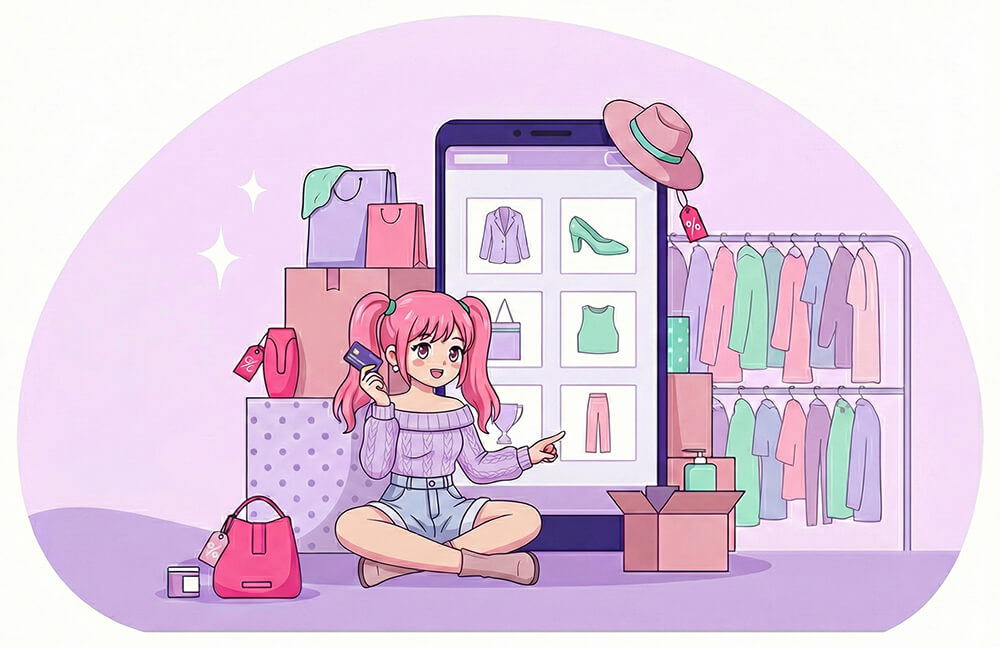Pink-haired girl sitting cross-legged, holding a credit card while browsing clothing on a giant smartphone, surrounded by shopping bags and pastel clothes.