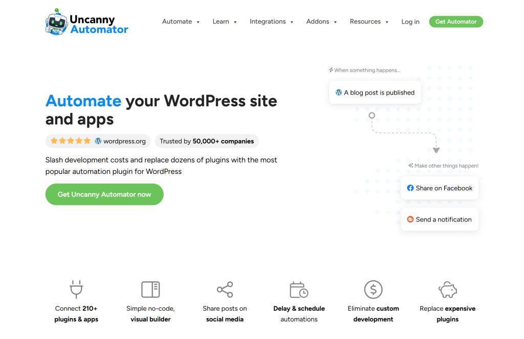 Homepage hero for Uncanny Automator showing automated WordPress integrations, green call-to-action button and feature icons promoting plugins, scheduling, and social sharing.