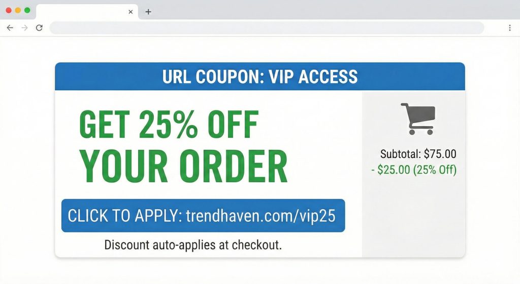 url-coupon-example - Store Owner Tips Webpage promo offering VIP URL coupon: bold green text announcing 25% off orders with a clickable trendhaven.com/vip25 button and checkout discount.