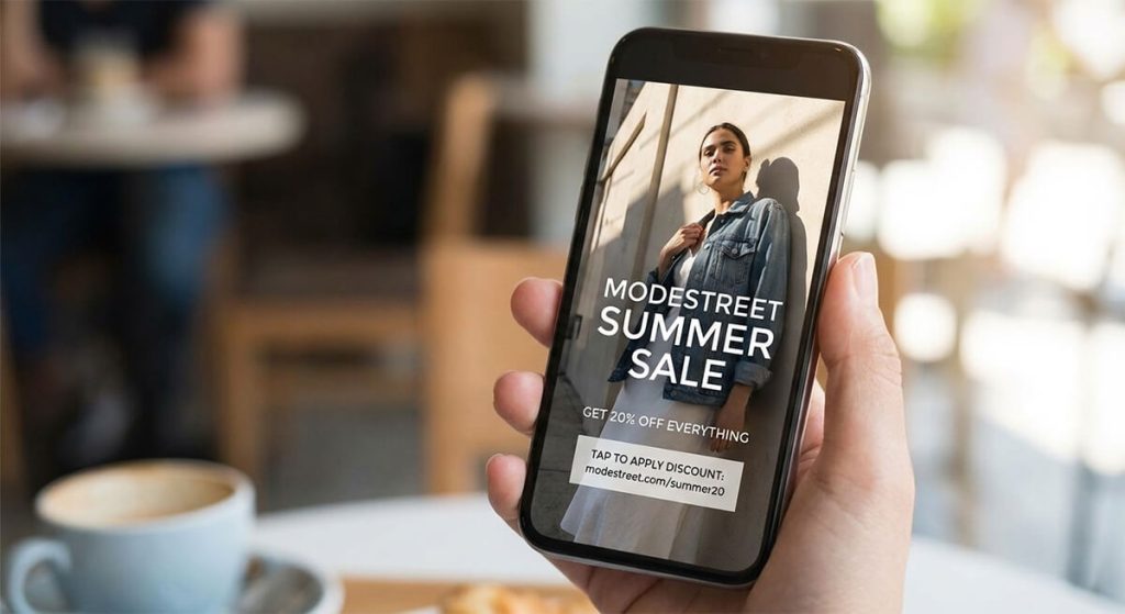 url-coupon-phone-mockup-revised - Store Owner Tips A hand holds a smartphone displaying a Modestreet 'Summer Sale' ad offering 20% off, blurred café background and latte nearby.