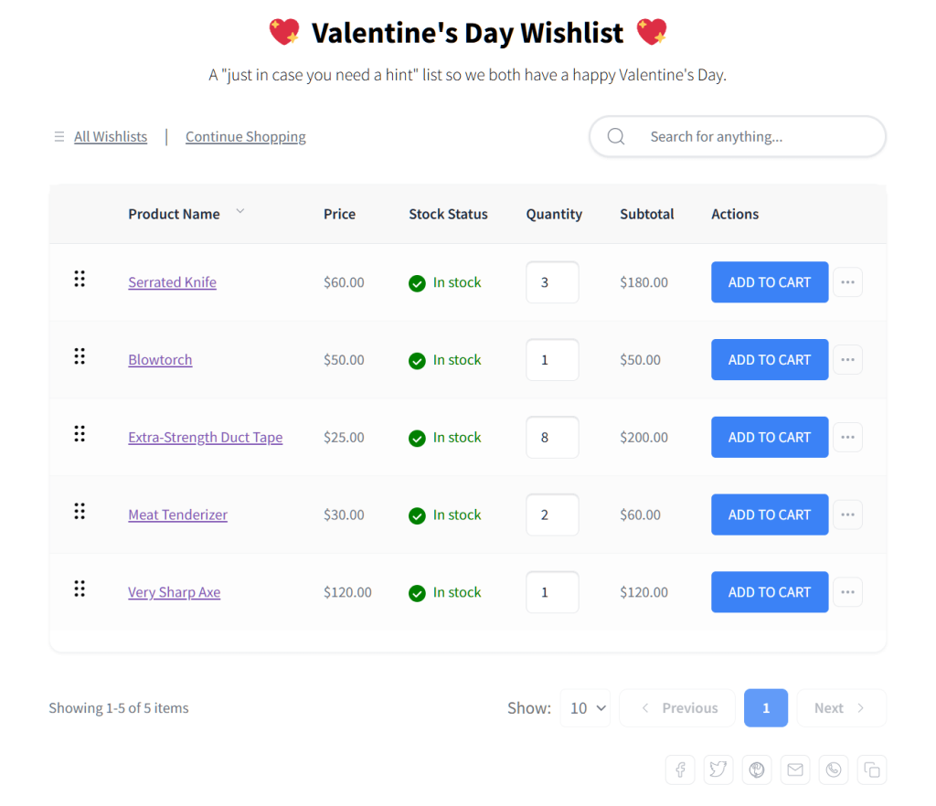 valentines-day-wishlist-serrated-knife - Store Owner Tips A custom Valentine's Day wishlist showing saved items like a serrated knife and blowtorch, along with stock status and Add to Cart buttons.