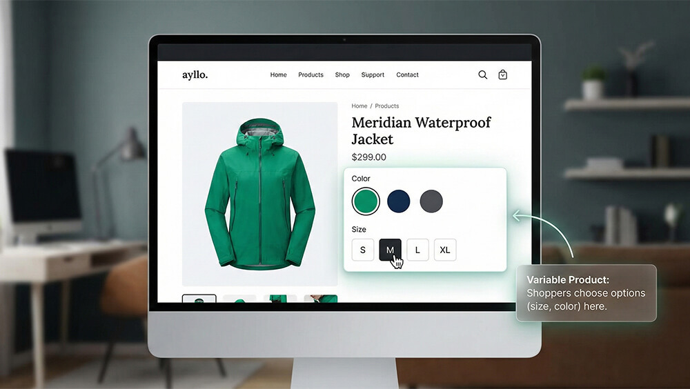 variable-product-green-shirt - Store Owner Tips Desktop monitor displaying an online product page for a variable product, specifically a green Meridian waterproof jacket, with color and size selectors and cursor choosing medium.