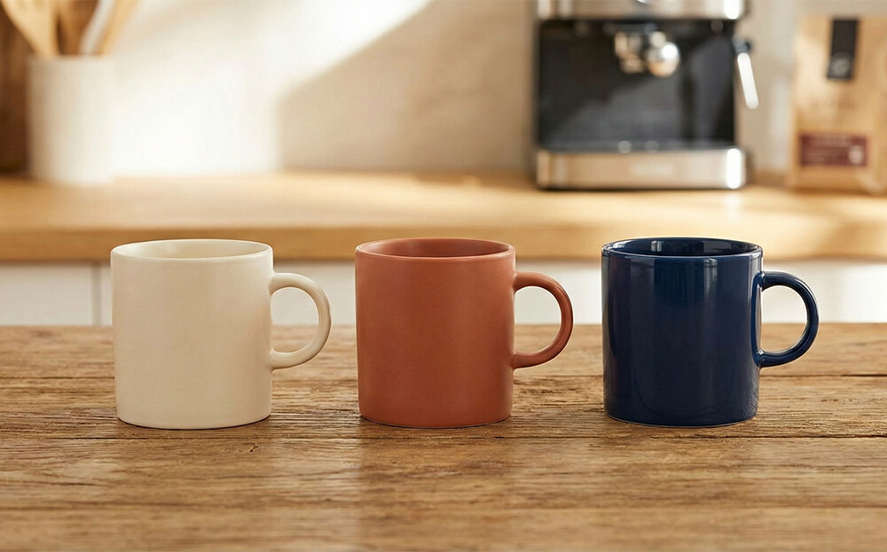 variable-products-mugs - Store Owner Tips Three ceramic mugs, cream, terracotta, and navy, lined up on a rustic wooden countertop in a softly lit kitchen.