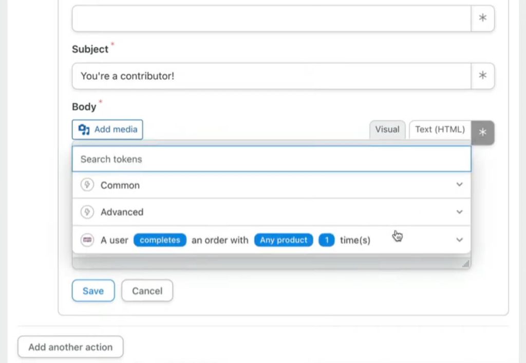 Screenshot of an email editor form showing subject 'You're a contributor!', token search dropdown, order-completion token, and Save and Cancel buttons.