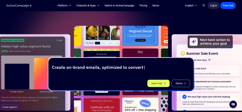 activecampaign-homepage-2026 - Store Owner Tips ActiveCampaign homepage hero: a dark callout reading'Create on-brand emails, optimized to convert' over colorful email template previews, with Start trial button.