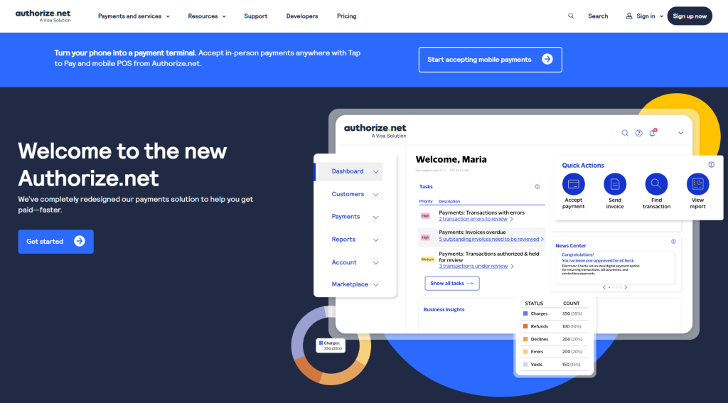 Promotional website hero showcasing Authorize.net’s redesigned payment dashboard with user 'Maria', quick actions, and colorful charts on a clean blue background.