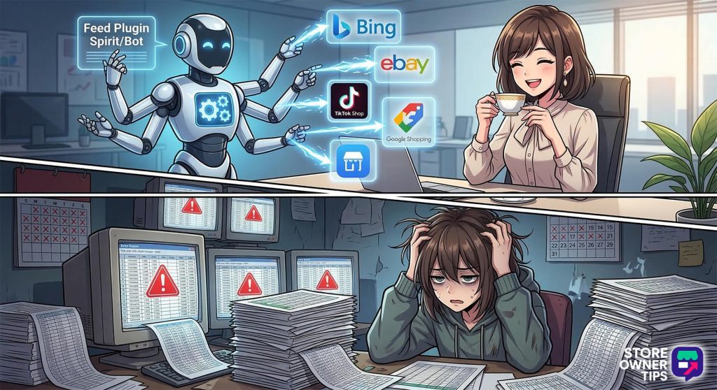 A comparison contrasting the exhaustion of manual spreadsheet management against the ease of using automated feed plugins.