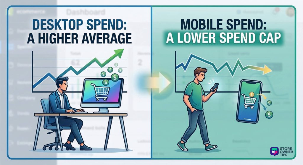 A comparison chart showing the difference in spending between desktop and mobile users.