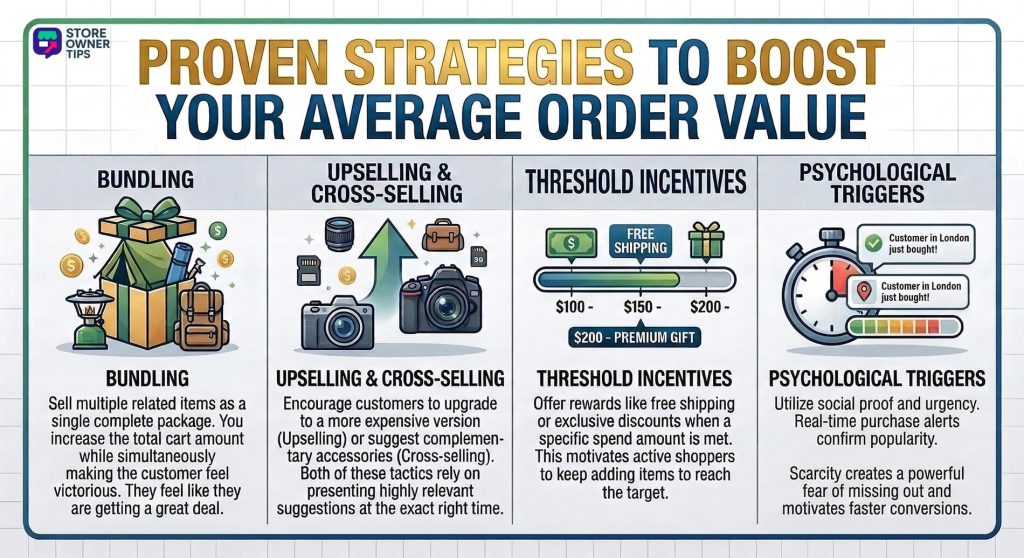 A reference chart defining and comparing four common methods for increasing average order value.