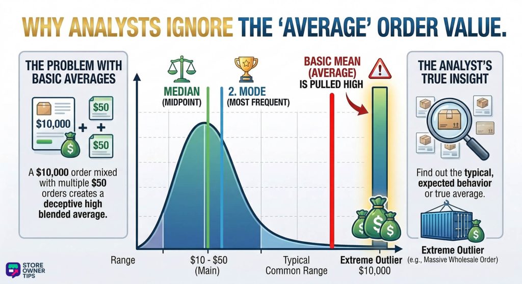 A bell curve graph showing how extreme outliers can pull a basic mean average high, while median and mode reflect normal consumer behavior.