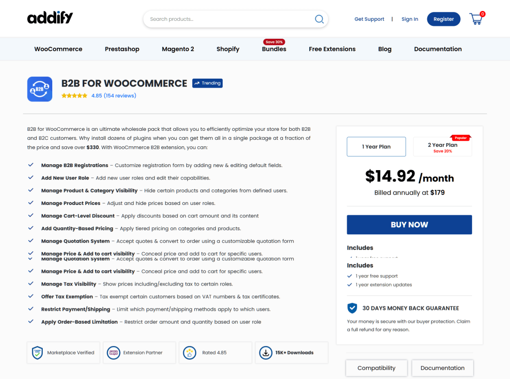 Product webpage for 'B2B for WooCommerce' extension displaying features list, pricing box showing .92/month (billed annually 9), and buy button.