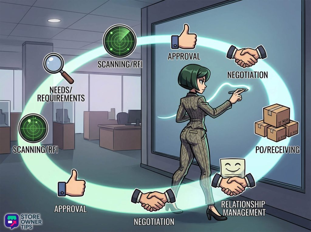 An infographic illustrating the sequential 12 steps of the B2B procurement lifecycle as a continuous flow, showing a character moving from initial needs to long-term relationship management.