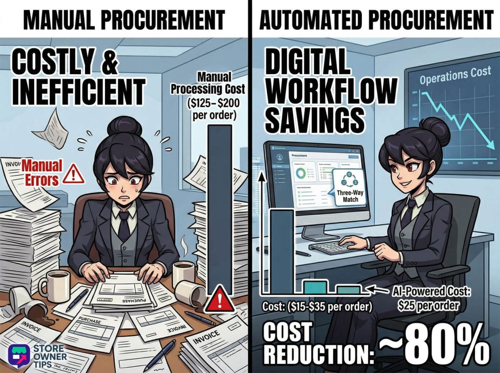 An infographic comparing the processing costs of a manual purchase order (5-0) versus an automated purchase order (-), highlighting an 80% savings.