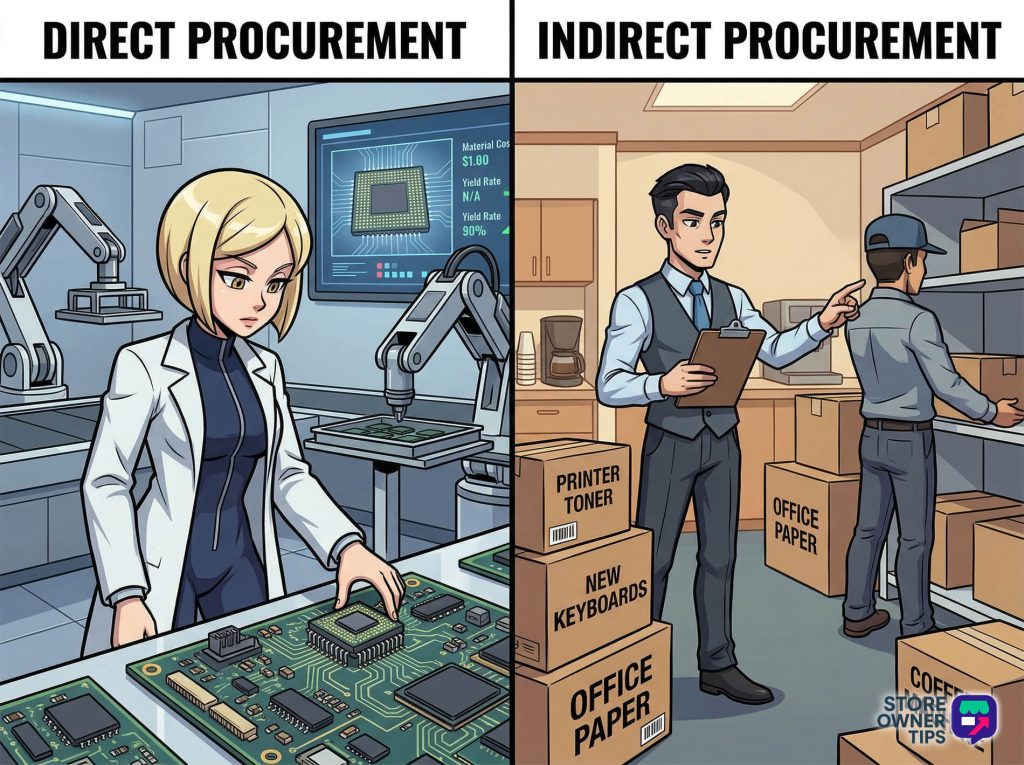 An illustration showing Direct Procurement focused on manufacturing components like semiconductors in a production setting, contrasted with Indirect Procurement managing office IT and marketing supplies.