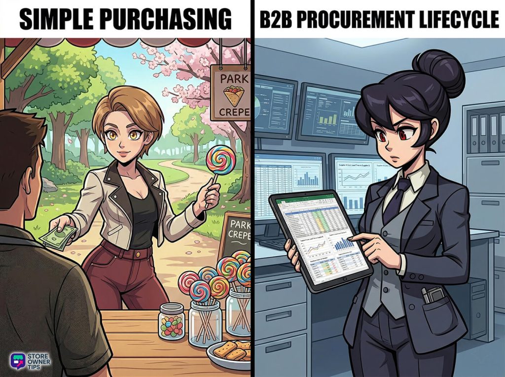 An illustration comparing a simple, quick purchasing transaction on the left with the multifaceted, organized process of B2B procurement on the right, which involves inventory checks and supplier comparisons.