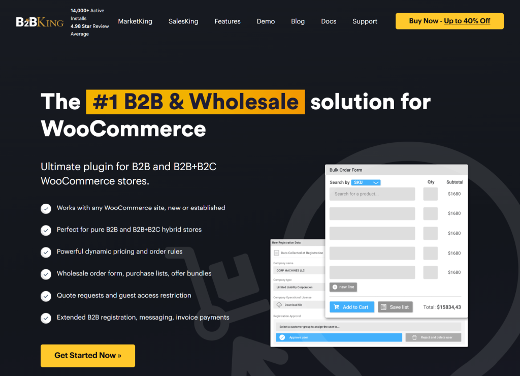 Dark-themed website hero promoting B2BKing plugin, bold yellow headline announcing #1 B2B & wholesale WooCommerce solution with feature list and CTA.