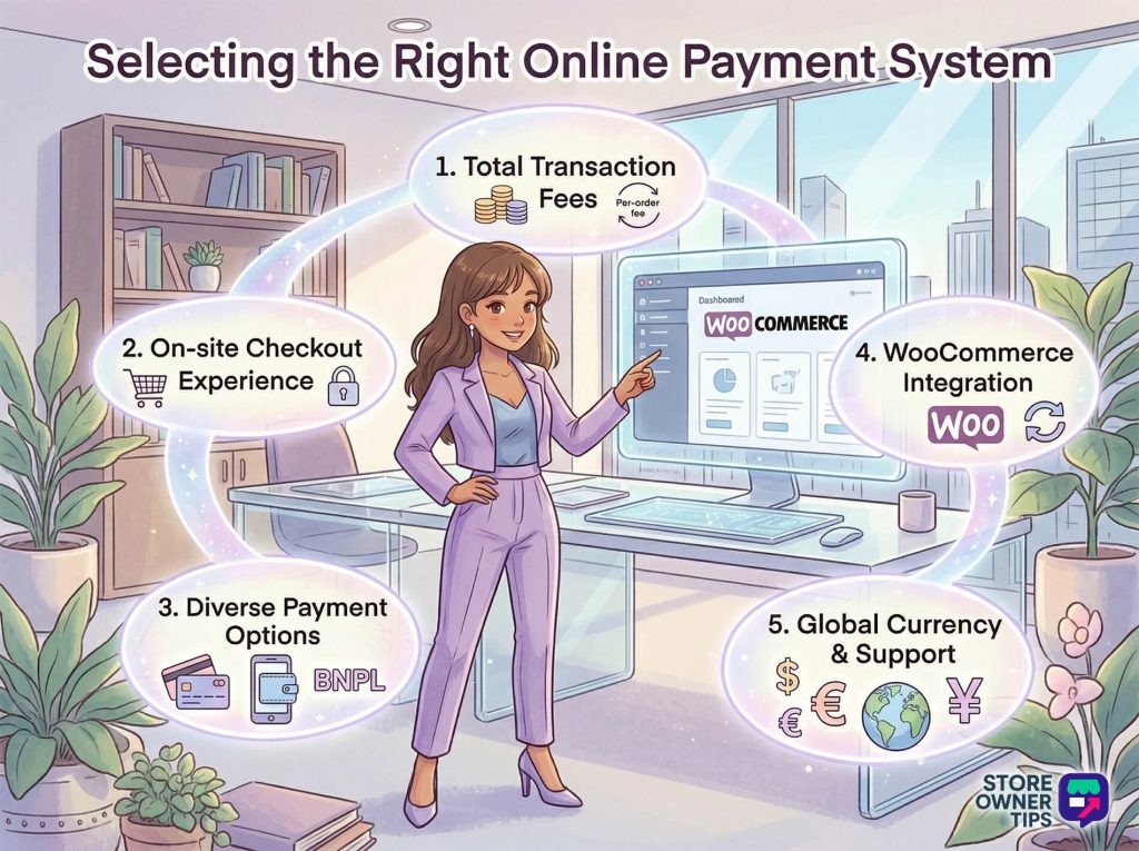 A confident store owner in a modern office points to a computer showcasing WooCommerce, highlighting five factors for choosing online payment systems.