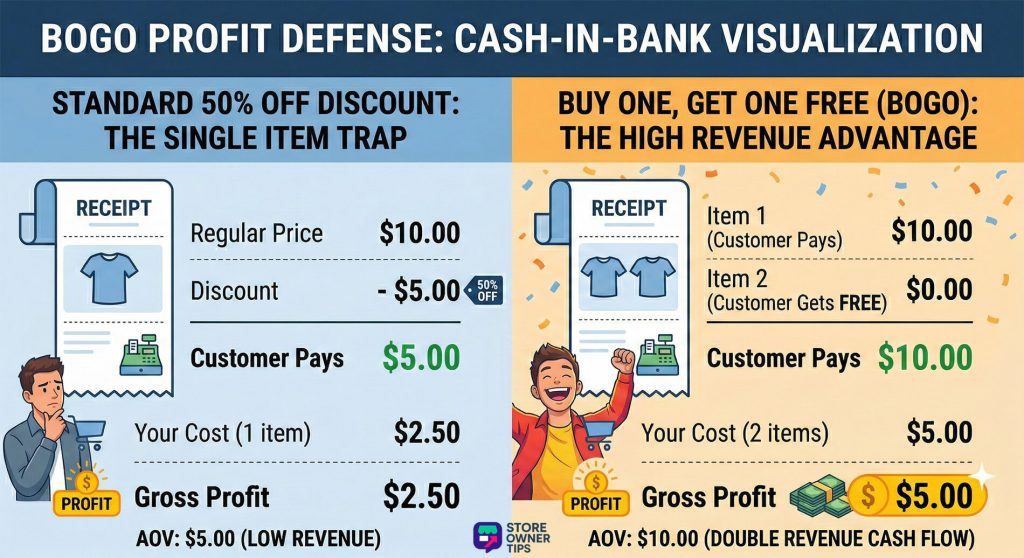 Side-by-side infographic comparing the financial outcomes of a single 50 percent off discount versus a minimum spend Buy One Get One Free transaction.