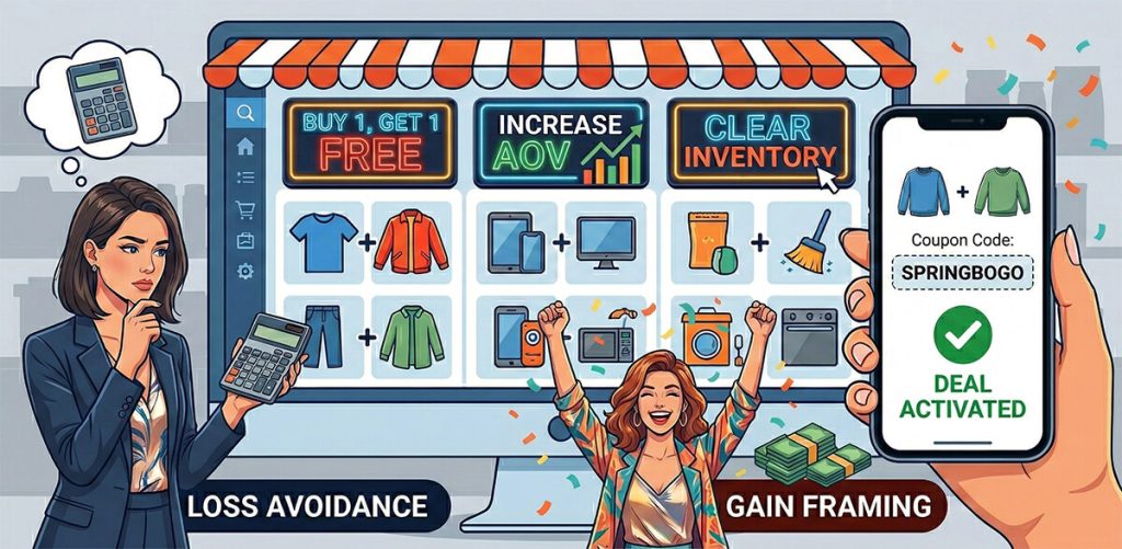 Marketer with calculator reviews BOGO promotion on screen while a joyful shopper celebrates an activated coupon, clearing inventory and boosting average order value.