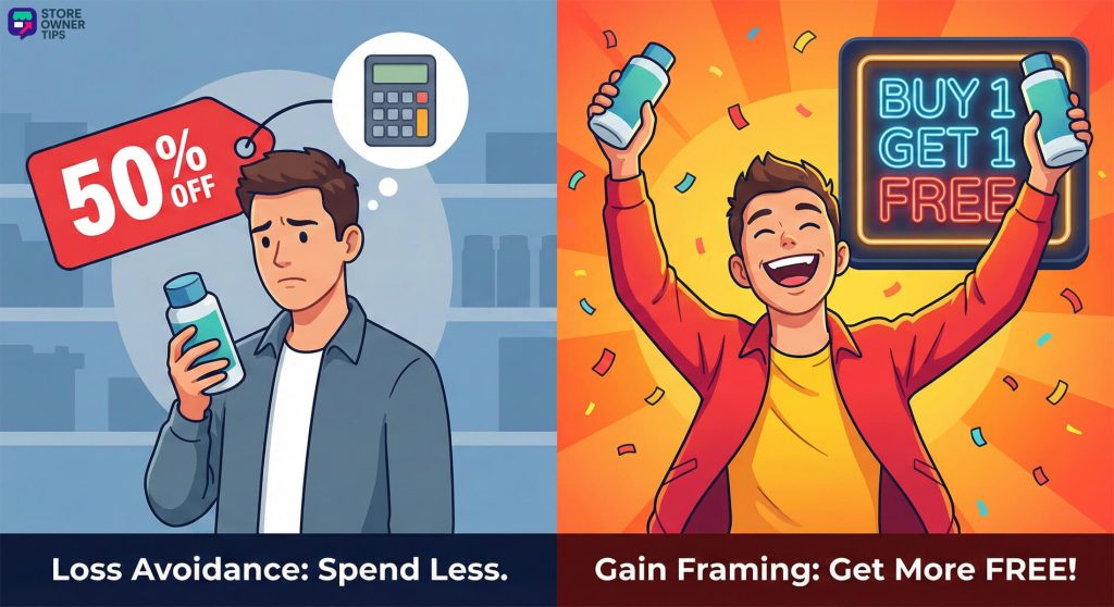 Illustration comparing customer reactions to standard 50 percent off discounts versus Buy One Get One Free offers.