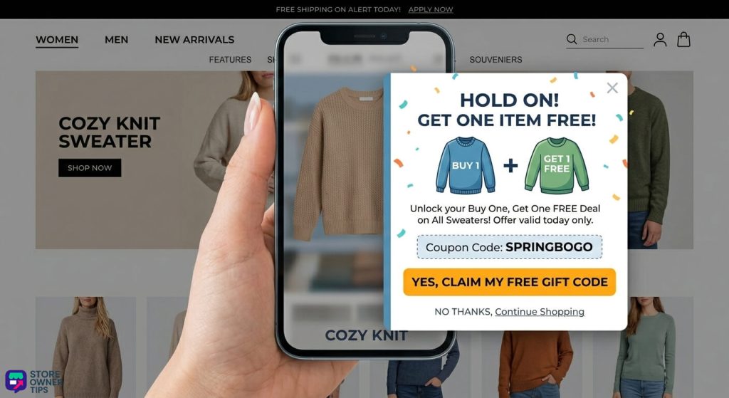 Smartphone screen mockup displaying an e-commerce exit-intent popup with a BOGO discount code.