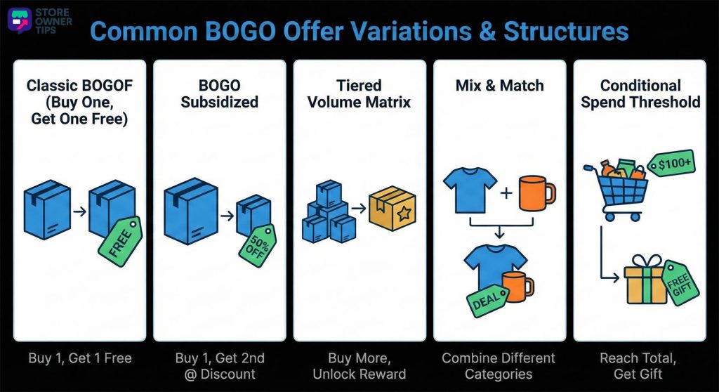 Infographic displaying the icons for Classic, Subsidized, Tiered, and Mix and Match BOGO promotional structures.
