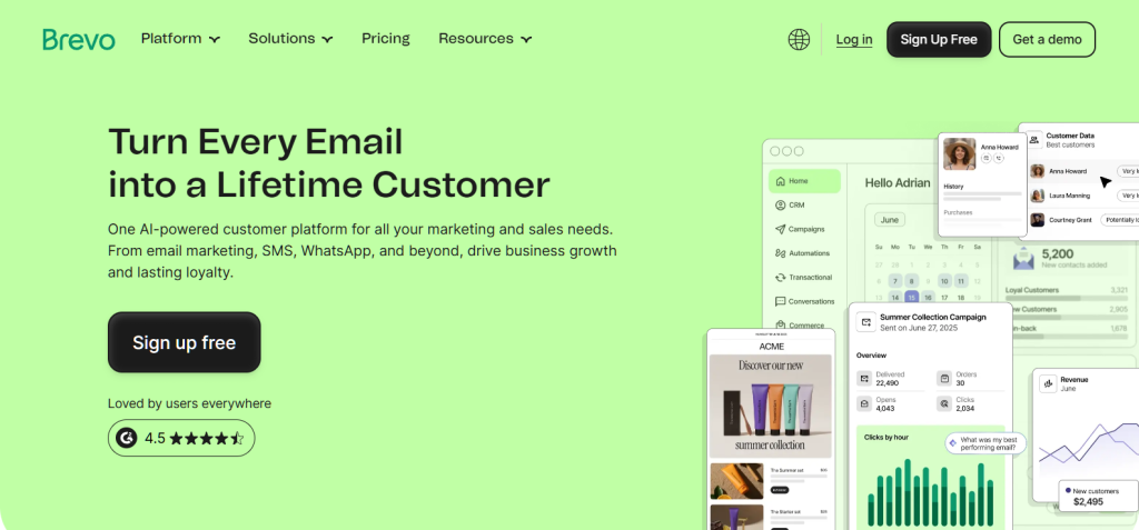 brevo-homepage-2026 - Store Owner Tips Hero section for Brevo: lime background with bold headline'Turn Every Email into a Lifetime Customer', left CTA 'Sign up free', and right-side product dashboard mockups.